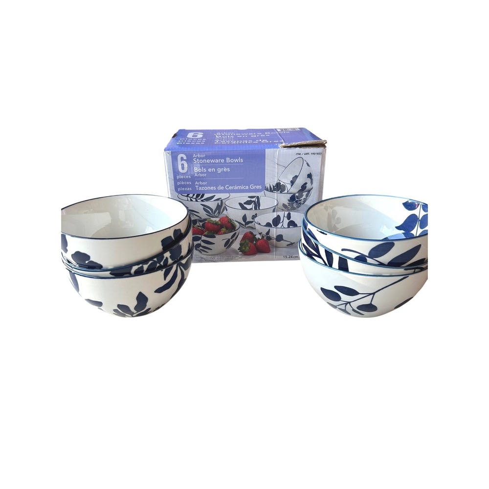 Certified International Arbor Blue White Floral Stoneware Bowls 6 Piece‎ Set 6in